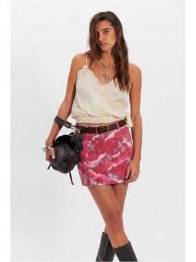 Free People Modern Femme Denim Mini Skirt Flamingo Flame Size 2 Small Tie Dye